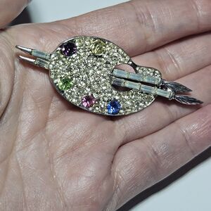 Vintage Pell Silver Tone Painter's Pallet Rhinestone Brooch